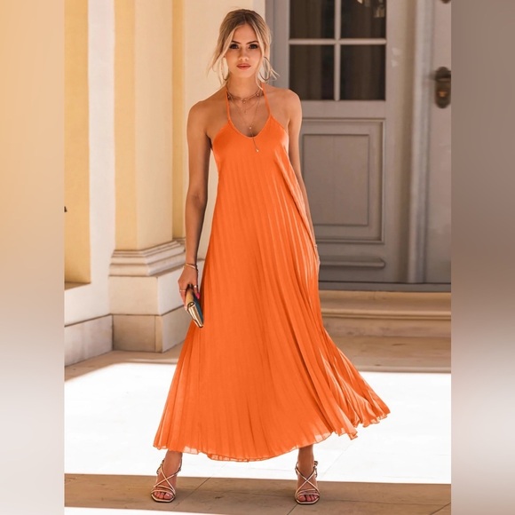 Halter Neck Maxi Dress in a Pleated Style - Picture 1 of 6